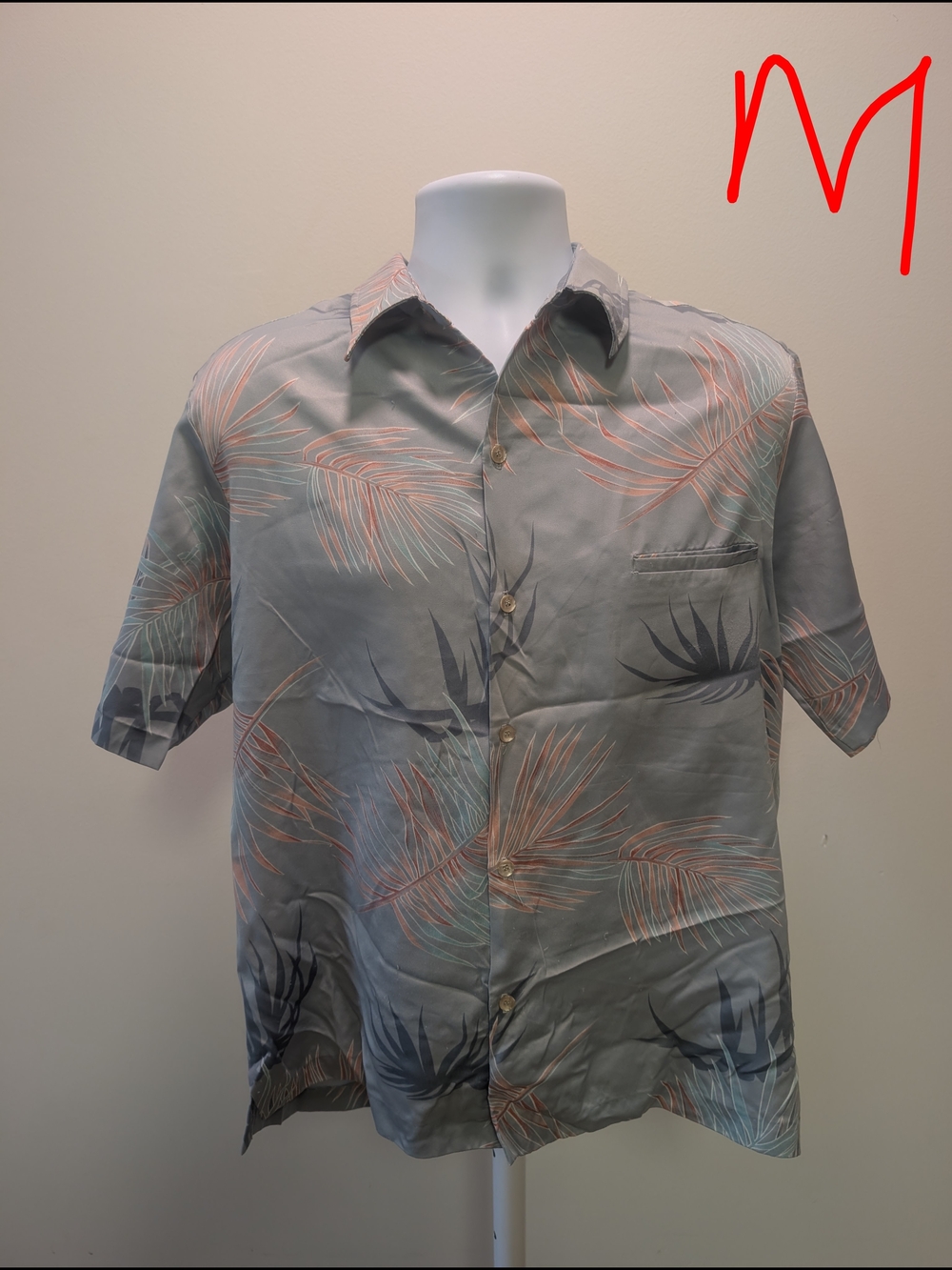 Tori Richard 80s Gray Short-Sleeve Button-Down with Coral Leaf Print
